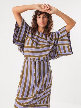 SKFK LIGI Maxi Dress Lavender Green Stripe Kimono Sleeves Sz 6 Unique Exclusive